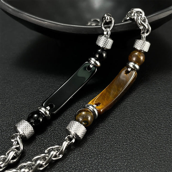 Pulsera con hebilla de acero y titanio de piedra de obsidiana negra y ojo de tigre de Buddha Stones