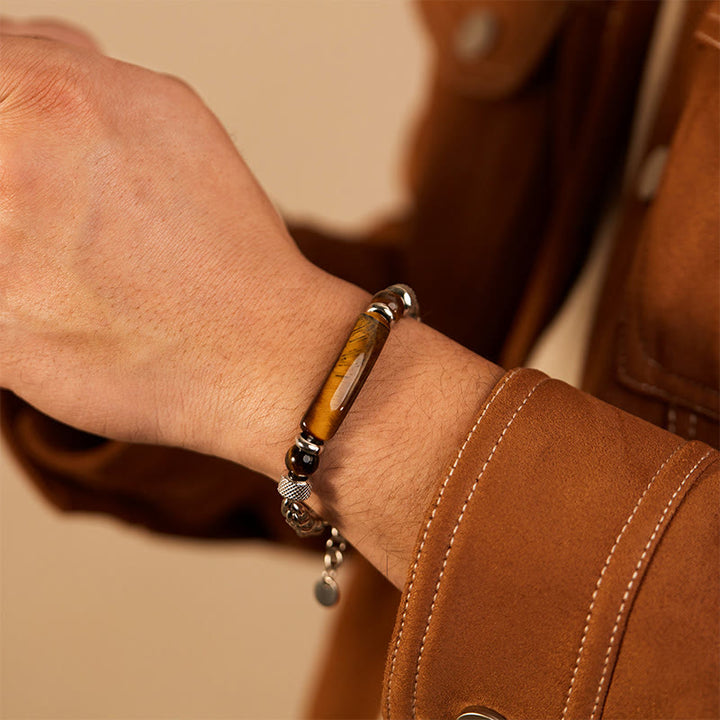 Pulsera con hebilla de acero y titanio de piedra de obsidiana negra y ojo de tigre de Buddha Stones