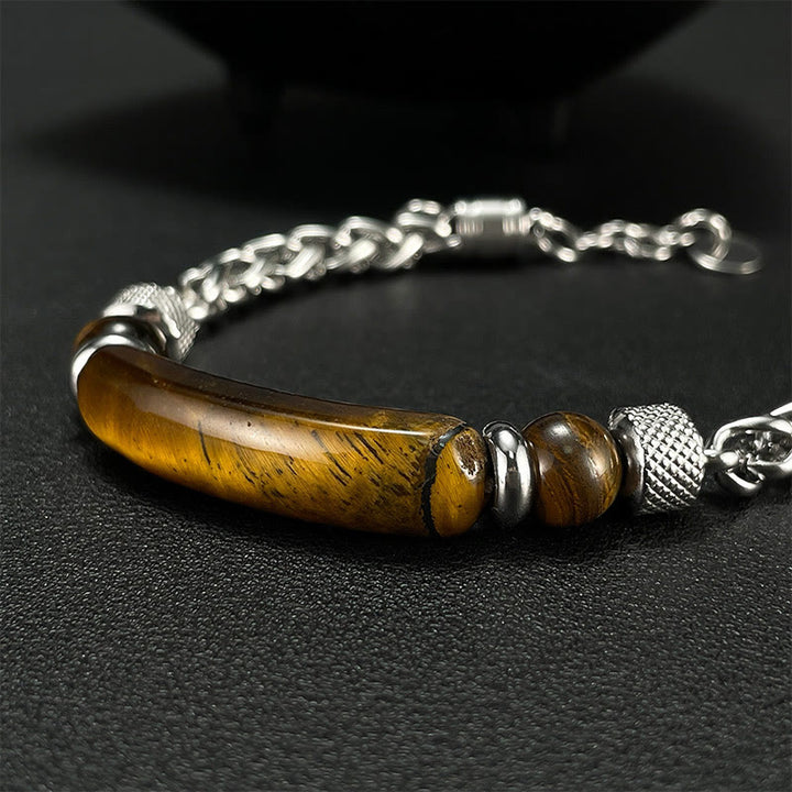Pulsera con hebilla de acero y titanio de piedra de obsidiana negra y ojo de tigre de Buddha Stones