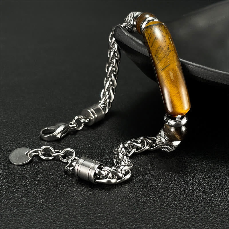 Pulsera con hebilla de acero y titanio de piedra de obsidiana negra y ojo de tigre de Buddha Stones