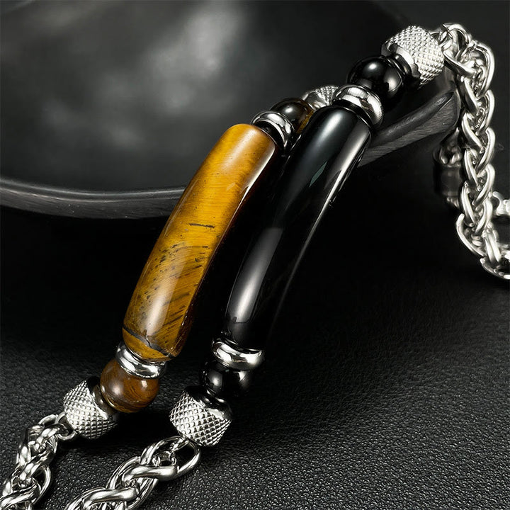Pulsera con hebilla de acero y titanio de piedra de obsidiana negra y ojo de tigre de Buddha Stones