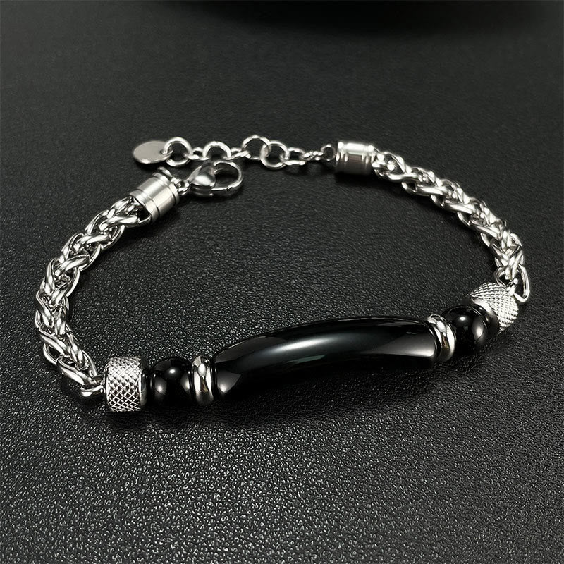 Pulsera con hebilla de acero y titanio de piedra de obsidiana negra y ojo de tigre de Buddha Stones