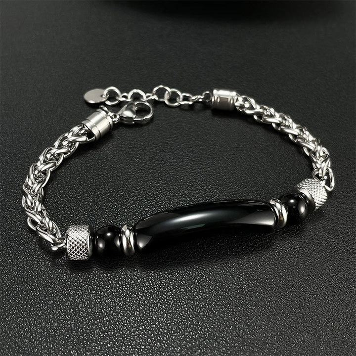 Pulsera con hebilla de acero y titanio de piedra de obsidiana negra y ojo de tigre de Buddha Stones