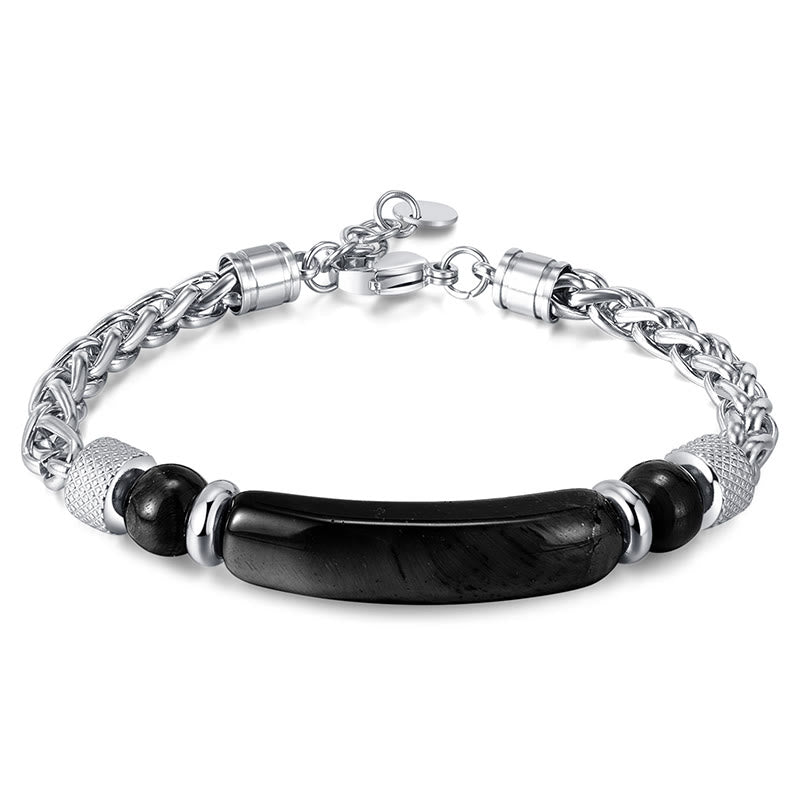 Pulsera con hebilla de acero y titanio de piedra de obsidiana negra y ojo de tigre de Buddha Stones