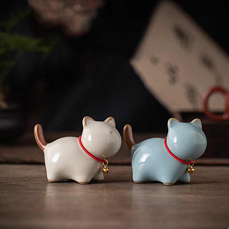 Figura decorativa de cerámica con forma de campana de cuerda roja y gato de pie con Buddha Stones - image 1