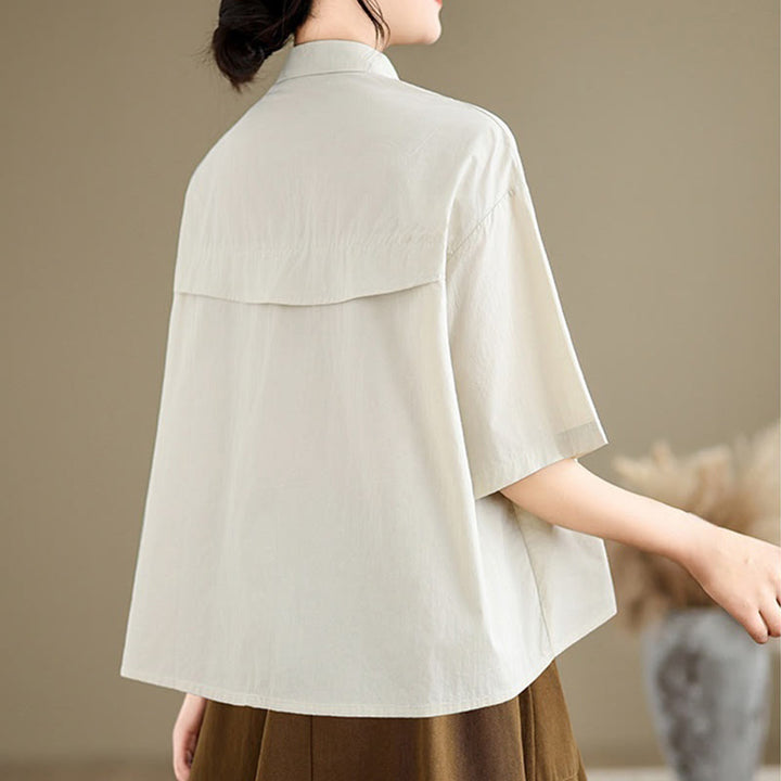 Camisa informal de algodón de media manga con cuello alto y botones, diseño de medusas bordadas con Buddha Stones para mujer - image 3