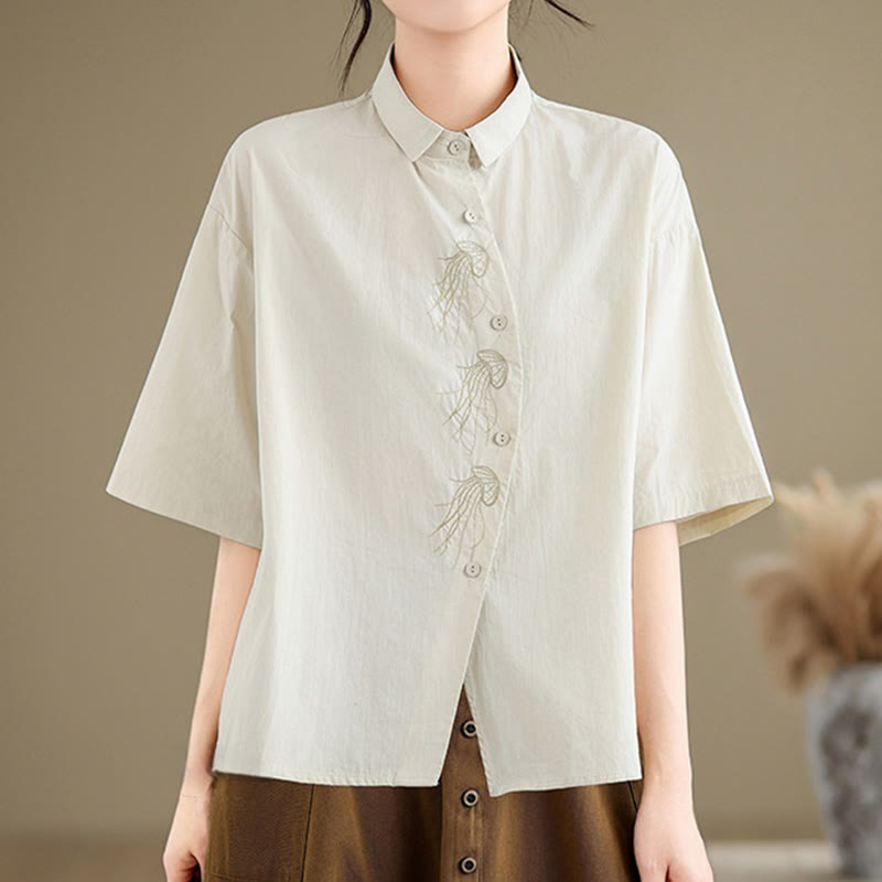 Camisa informal de algodón de media manga con cuello alto y botones, diseño de medusas bordadas con Buddha Stones para mujer - Beige - US14，UK/AU18，EU46 (2XL) - image 1