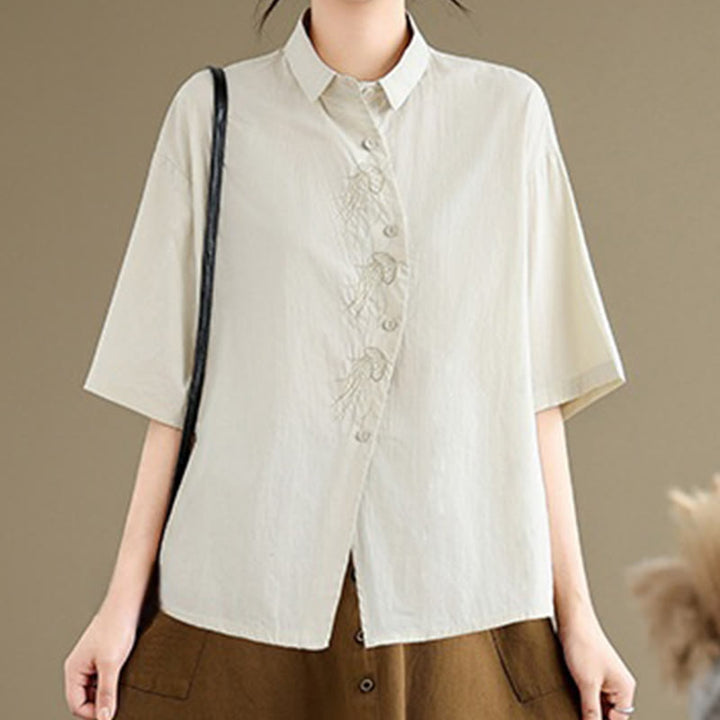 Camisa informal de algodón de media manga con cuello alto y botones, diseño de medusas bordadas con Buddha Stones para mujer - image 5