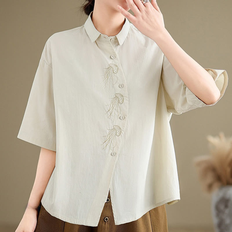 Camisa informal de algodón de media manga con cuello alto y botones, diseño de medusas bordadas con Buddha Stones para mujer - image 4