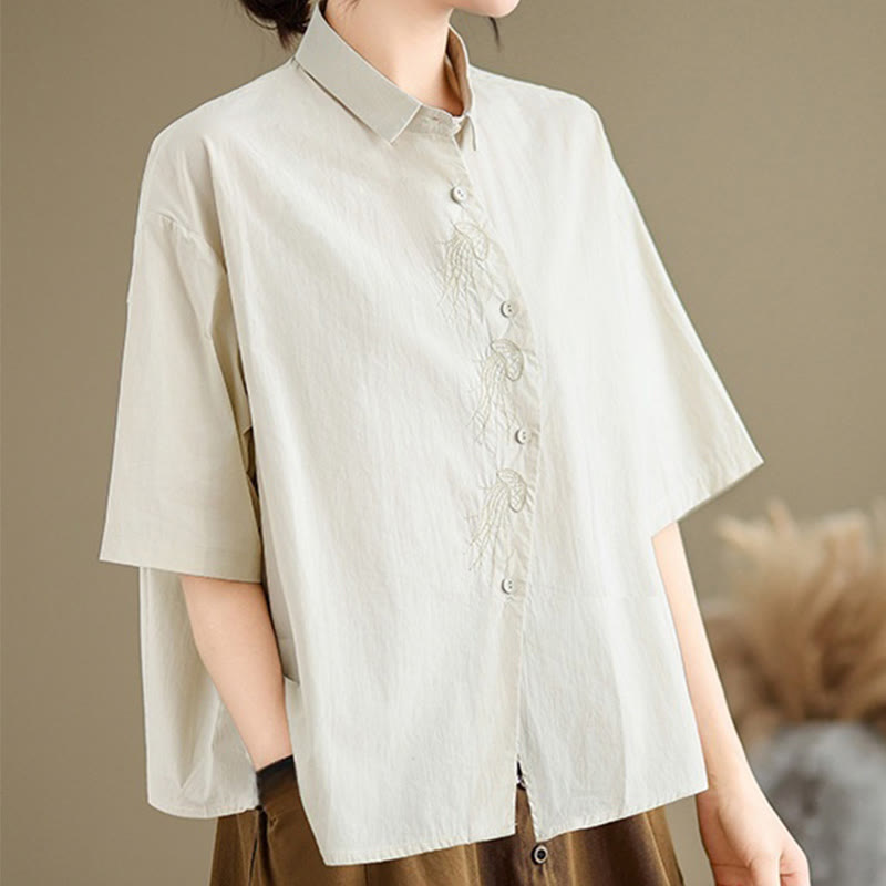 Camisa informal de algodón de media manga con cuello alto y botones, diseño de medusas bordadas con Buddha Stones para mujer - image 4
