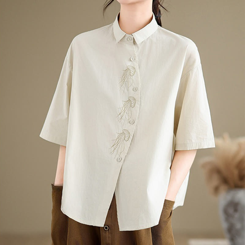 Camisa informal de algodón de media manga con cuello alto y botones, diseño de medusas bordadas con Buddha Stones para mujer - image 1
