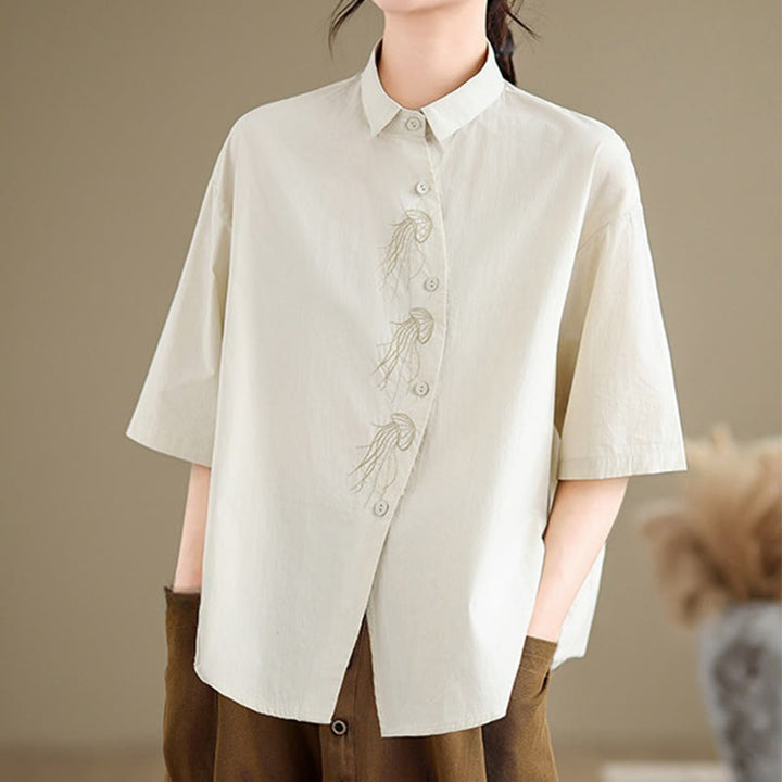Camisa informal de algodón de media manga con cuello alto y botones, diseño de medusas bordadas con Buddha Stones para mujer - image 1