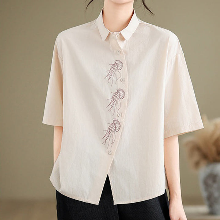 Camisa informal de algodón de media manga con cuello alto y botones, diseño de medusas bordadas con Buddha Stones para mujer - Lavanda Rubor - US14，UK/AU18，EU46 (2XL) - image 7