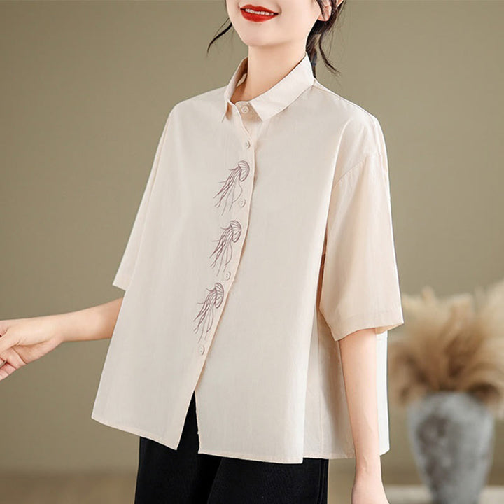 Camisa informal de algodón de media manga con cuello alto y botones, diseño de medusas bordadas con Buddha Stones para mujer - image 10