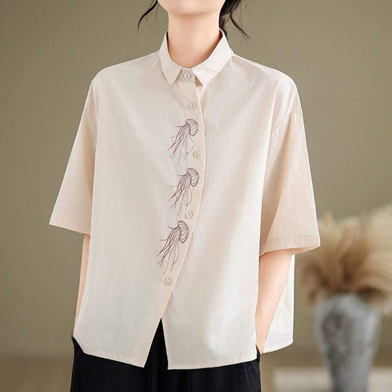Camisa informal de algodón de media manga con cuello alto y botones, diseño de medusas bordadas con Buddha Stones para mujer - image 12