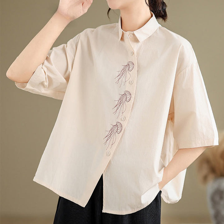 Camisa informal de algodón de media manga con cuello alto y botones, diseño de medusas bordadas con Buddha Stones para mujer - image 9