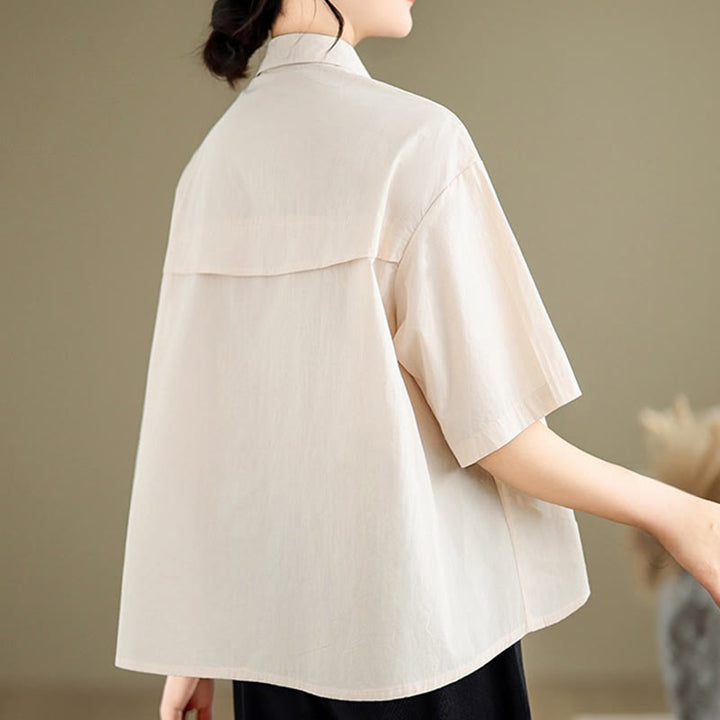 Camisa informal de algodón de media manga con cuello alto y botones, diseño de medusas bordadas con Buddha Stones para mujer - image 8