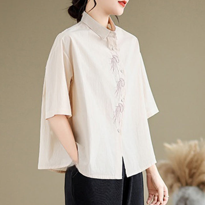 Camisa informal de algodón de media manga con cuello alto y botones, diseño de medusas bordadas con Buddha Stones para mujer - image 10