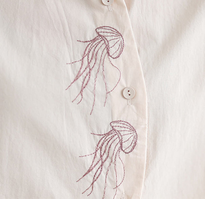 Camisa informal de algodón de media manga con cuello alto y botones, diseño de medusas bordadas con Buddha Stones para mujer - image 12