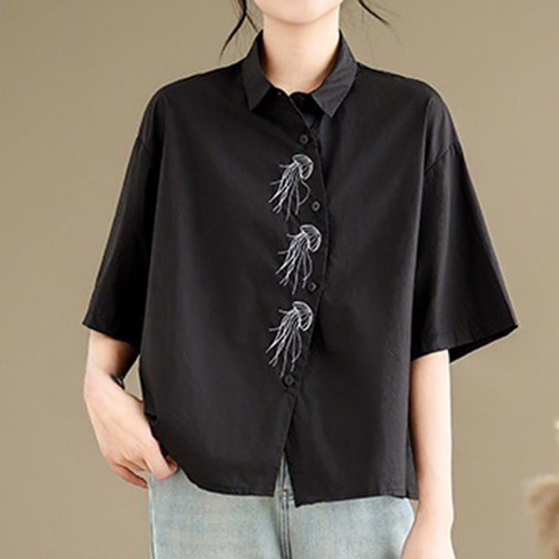 Camisa informal de algodón de media manga con cuello alto y botones, diseño de medusas bordadas con Buddha Stones para mujer - Negro - US14，UK/AU18，EU46 (2XL) - image 17
