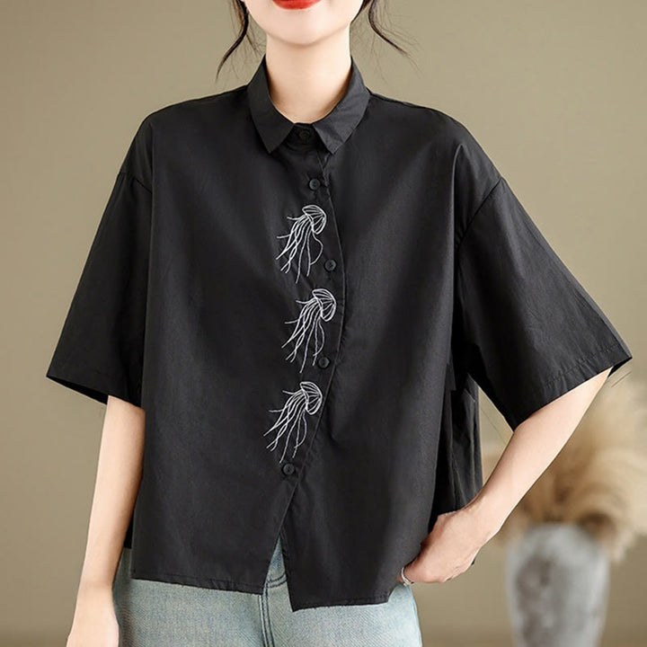 Camisa informal de algodón de media manga con cuello alto y botones, diseño de medusas bordadas con Buddha Stones para mujer - image 18