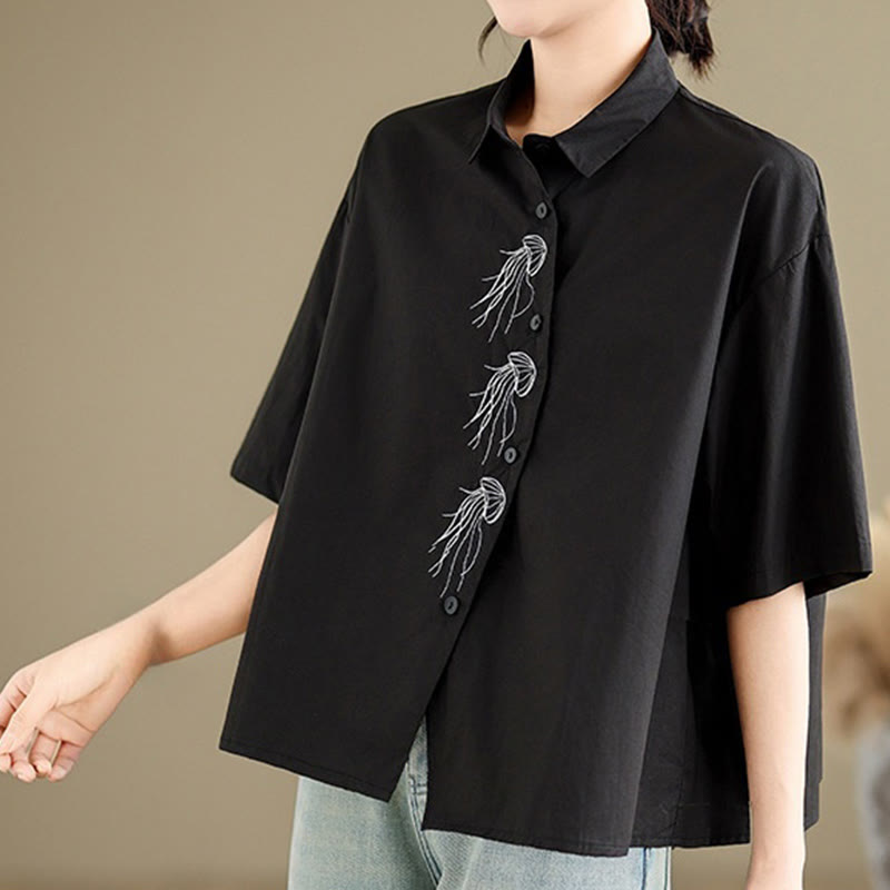 Camisa informal de algodón de media manga con cuello alto y botones, diseño de medusas bordadas con Buddha Stones para mujer - image 21