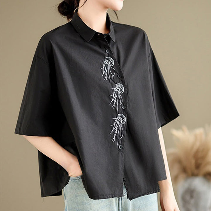 Camisa informal de algodón de media manga con cuello alto y botones, diseño de medusas bordadas con Buddha Stones para mujer - image 20