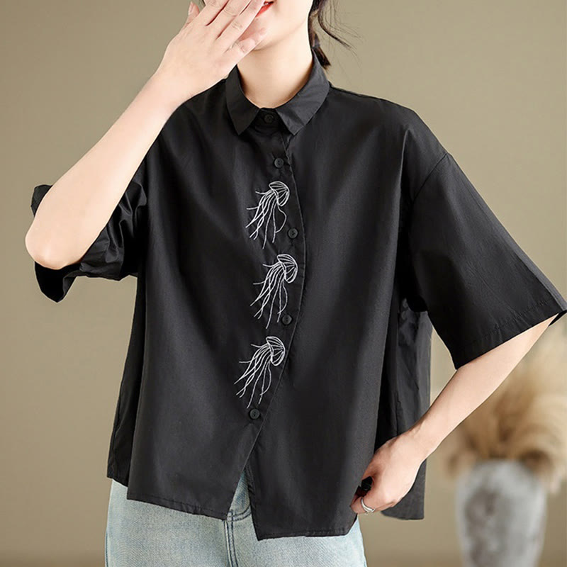 Camisa informal de algodón de media manga con cuello alto y botones, diseño de medusas bordadas con Buddha Stones para mujer - image 22