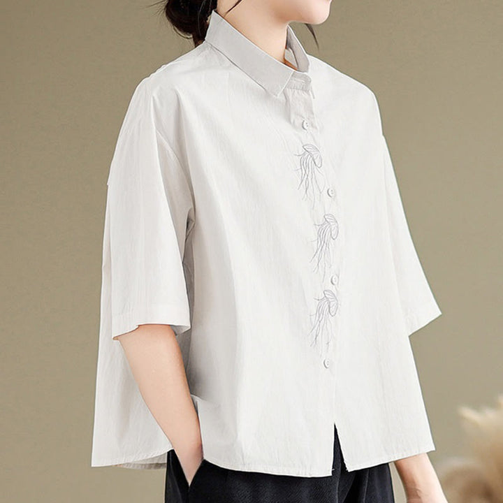 Camisa informal de algodón de media manga con cuello alto y botones, diseño de medusas bordadas con Buddha Stones para mujer - image 24