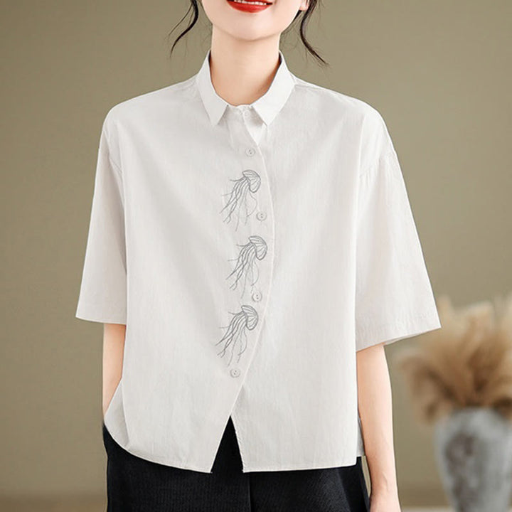Camisa informal de algodón de media manga con cuello alto y botones, diseño de medusas bordadas con Buddha Stones para mujer - Blanco - US14，UK/AU18，EU46 (2XL) - image 23
