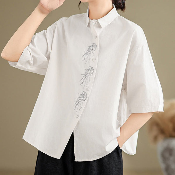 Camisa informal de algodón de media manga con cuello alto y botones, diseño de medusas bordadas con Buddha Stones para mujer - image 25