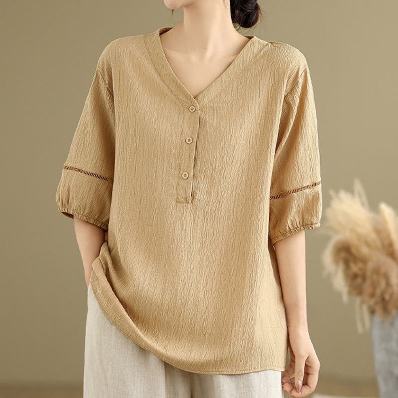 Camisa informal de poliéster de manga corta con cuello en V y botones lisos de Buddha Stones para mujer - Trigo - US8-10，UK/AU12-14，EU40-42 (2XL) - image 0