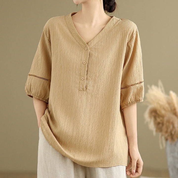 Camisa informal de poliéster de manga corta con cuello en V y botones lisos de Buddha Stones para mujer - Trigo - US8-10，UK/AU12-14，EU40-42 (2XL) - image 1