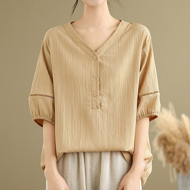 Camisa informal de poliéster de manga corta con cuello en V y botones lisos de Buddha Stones para mujer - image 6
