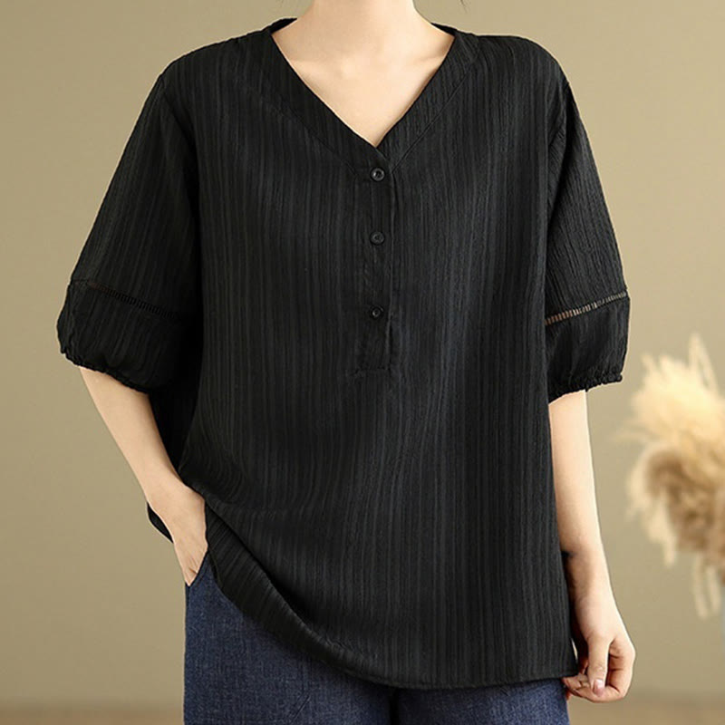Camisa informal de poliéster de manga corta con cuello en V y botones lisos de Buddha Stones para mujer - image 13