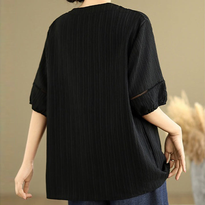 Camisa informal de poliéster de manga corta con cuello en V y botones lisos de Buddha Stones para mujer - image 14