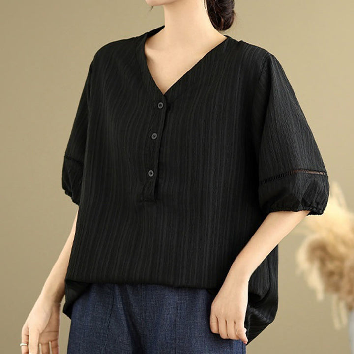 Camisa informal de poliéster de manga corta con cuello en V y botones lisos de Buddha Stones para mujer - image 16