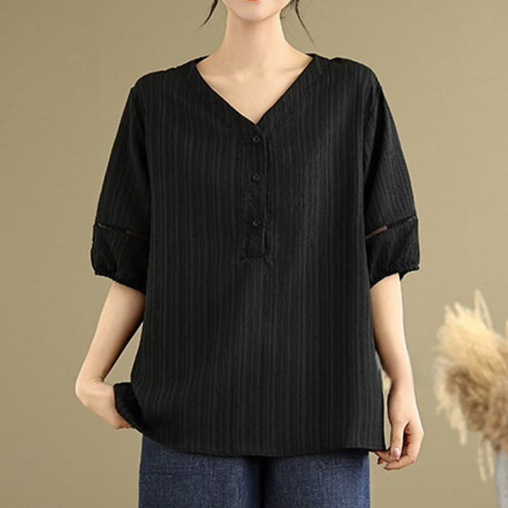 Camisa informal de poliéster de manga corta con cuello en V y botones lisos de Buddha Stones para mujer - Negro - US8-10，UK/AU12-14，EU40-42 (2XL) - image 11
