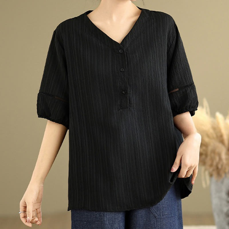 Camisa informal de poliéster de manga corta con cuello en V y botones lisos de Buddha Stones para mujer - image 16