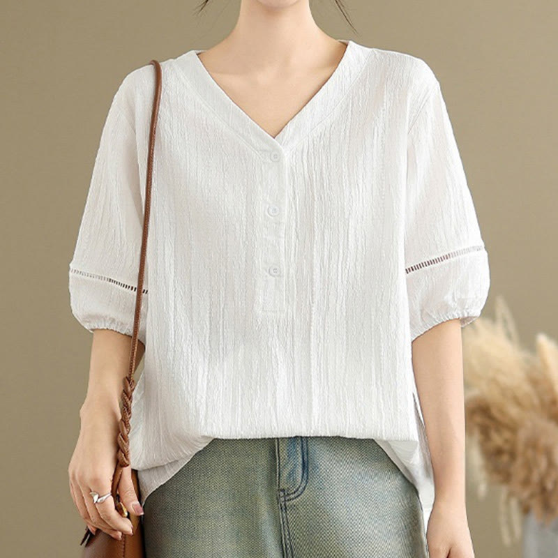 Camisa informal de poliéster de manga corta con cuello en V y botones lisos de Buddha Stones para mujer - image 22