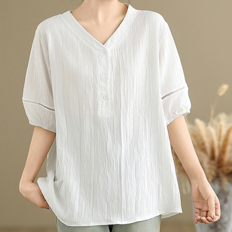 Camisa informal de poliéster de manga corta con cuello en V y botones lisos de Buddha Stones para mujer - Blanco - US8-10，UK/AU12-14，EU40-42 (2XL) - image 18