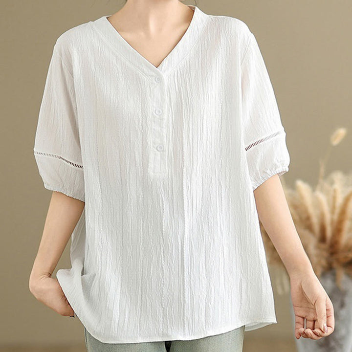 Camisa informal de poliéster de manga corta con cuello en V y botones lisos de Buddha Stones para mujer - Blanco - US8-10，UK/AU12-14，EU40-42 (2XL) - image 18