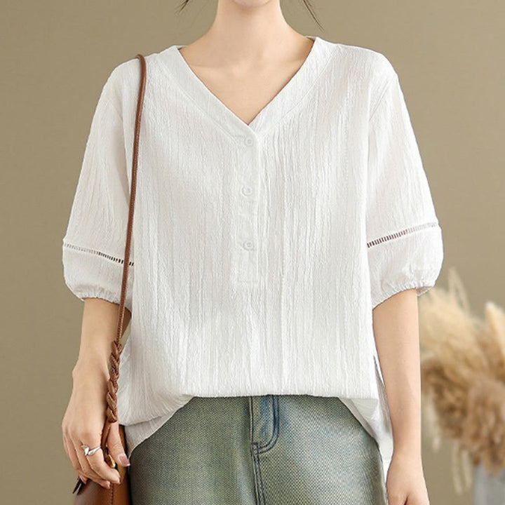 Camisa informal de poliéster de manga corta con cuello en V y botones lisos de Buddha Stones para mujer - image 21