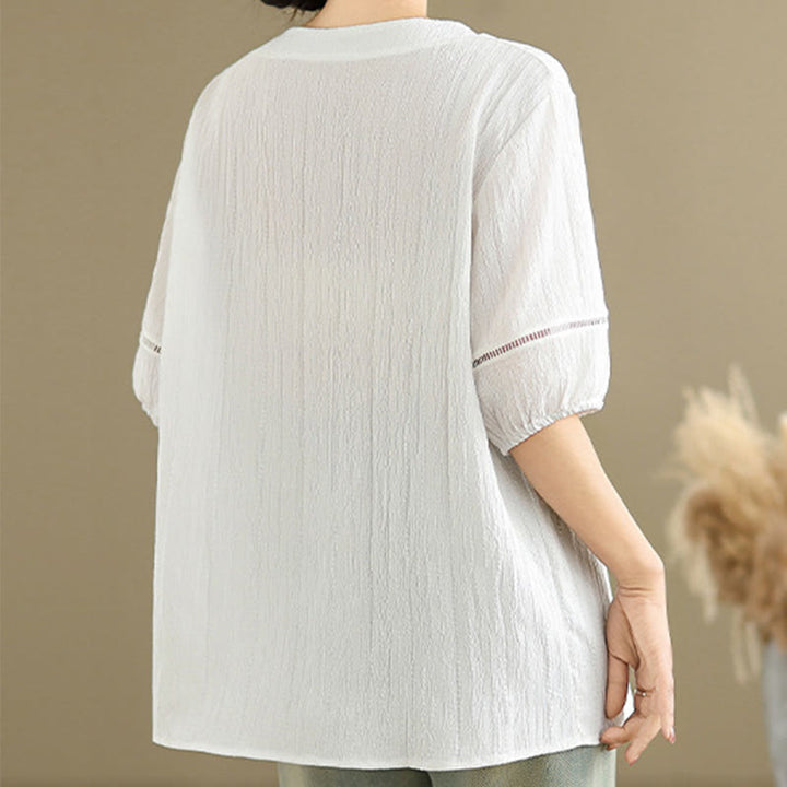 Camisa informal de poliéster de manga corta con cuello en V y botones lisos de Buddha Stones para mujer - image 20