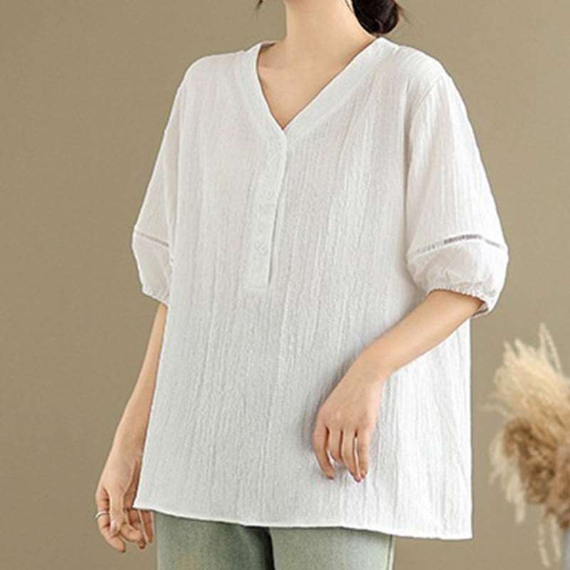 Camisa informal de poliéster de manga corta con cuello en V y botones lisos de Buddha Stones para mujer - image 19