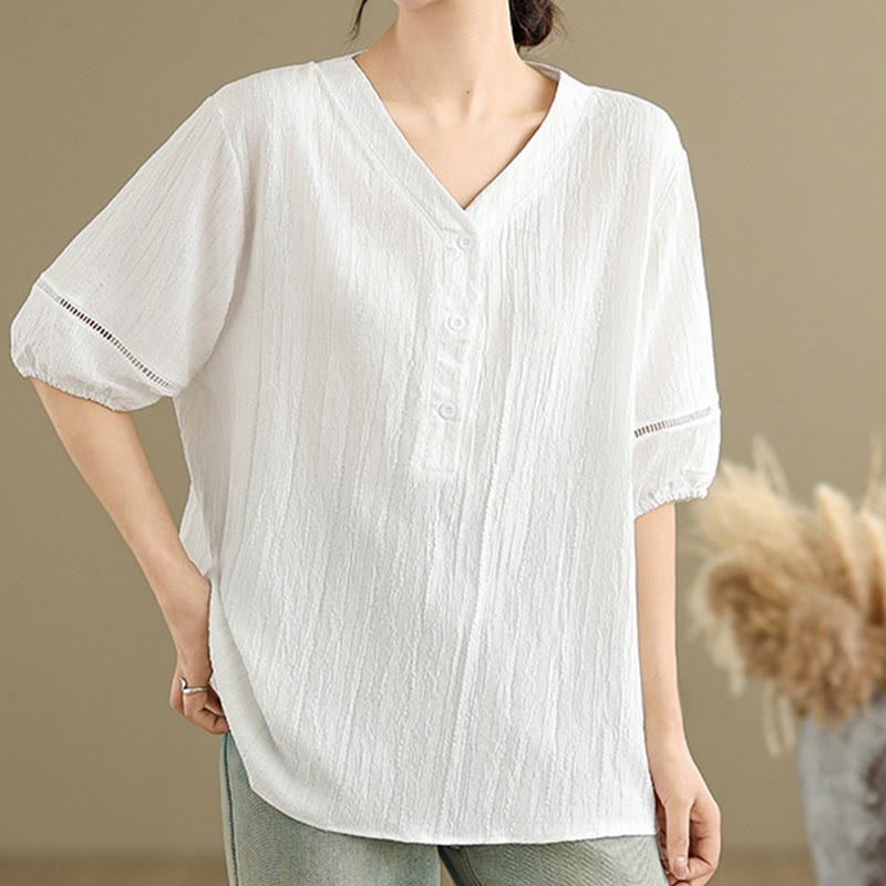 Camisa informal de poliéster de manga corta con cuello en V y botones lisos de Buddha Stones para mujer - image 23