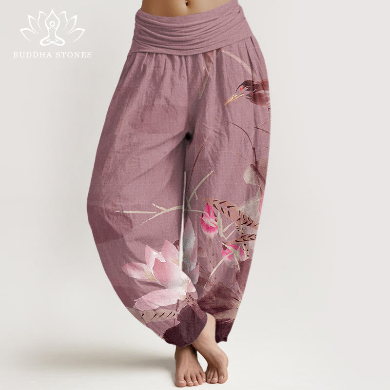 Pantalones harén con cintura elástica para mujer con diseño de pájaros , Buddha Stones - Violeta pálido rojo - US22，UK/AU26，EU54 (6XL) - image 8