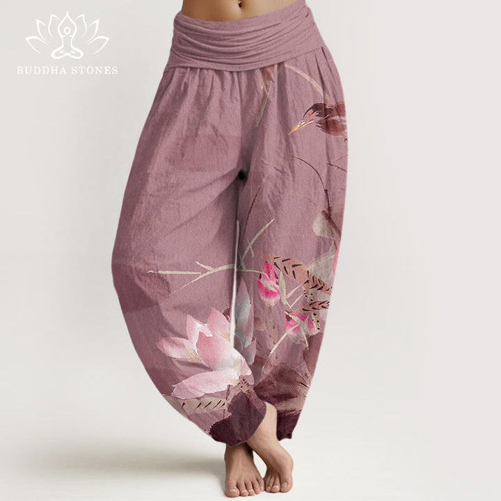 Pantalones harén con cintura elástica para mujer con diseño de pájaros , Buddha Stones - Violeta pálido rojo - US22，UK/AU26，EU54 (6XL) - image 8