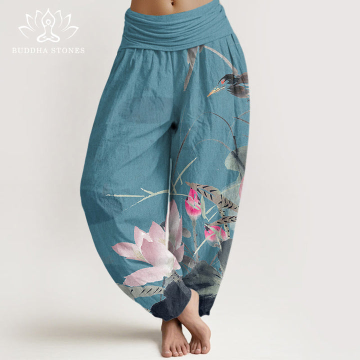 Pantalones bombachos de cintura elástica para mujer con estampado de Buddha Stones en algodón. - Turquesa oscuro - US22，UK/AU26，EU54 (6XL) - image 4