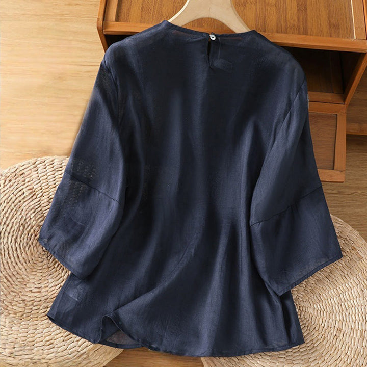 Camisa informal de algodón y lino con cuello redondo y manga tres cuartos para mujer, con estampado de Buddha Stones - image 1